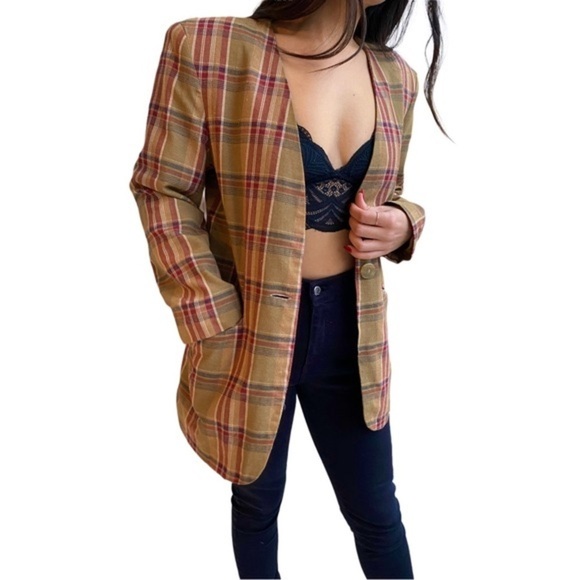 Plaid Linen Blazer By Prolog Vintage - Picture 2 of 8